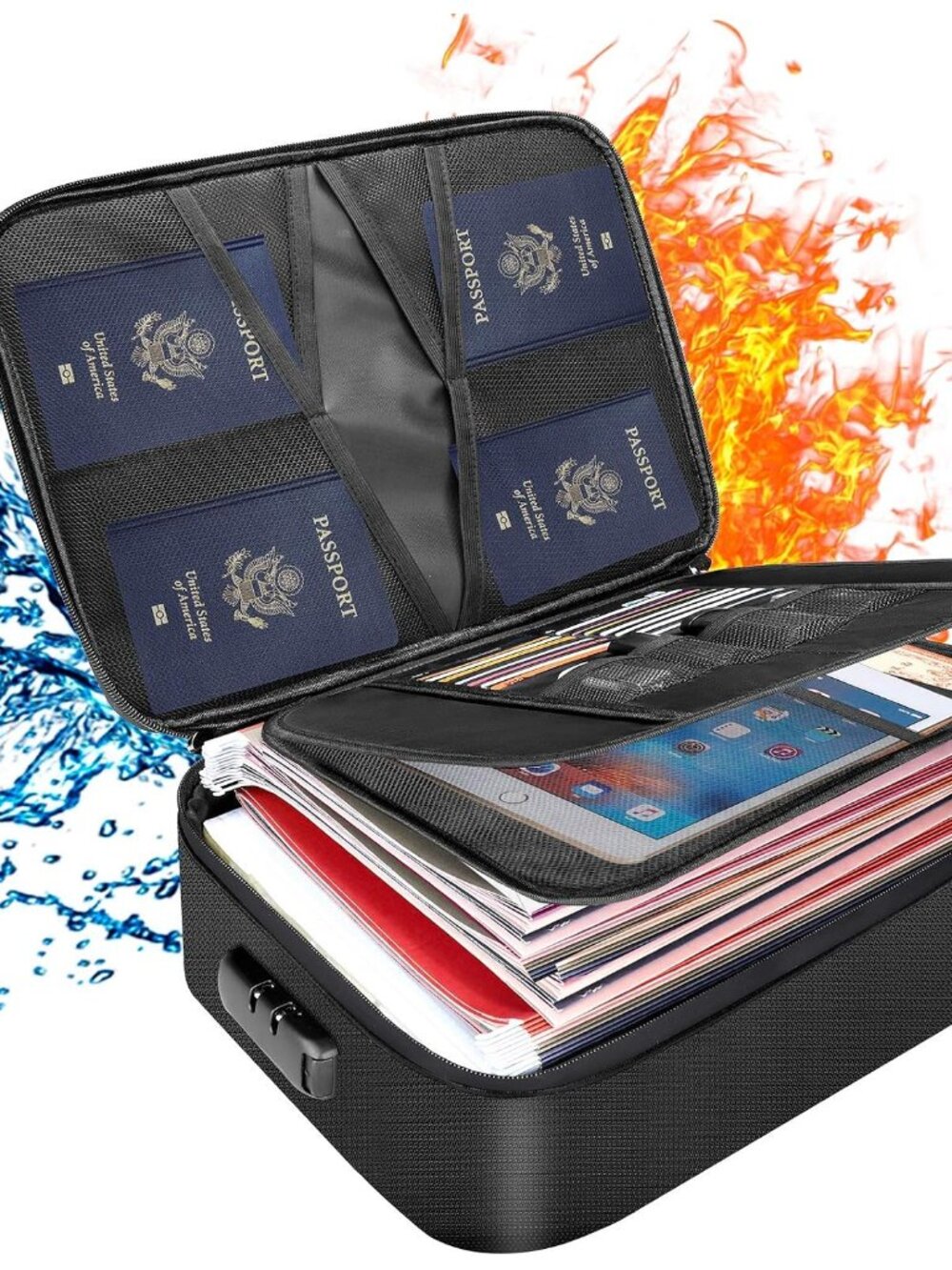 Document Bag with Lock, Fireproof 3-Layer File Storage Box, Black